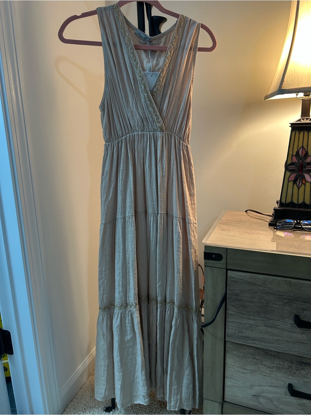 Sleeveless Cream Tiered Midi Dress with V-Neck